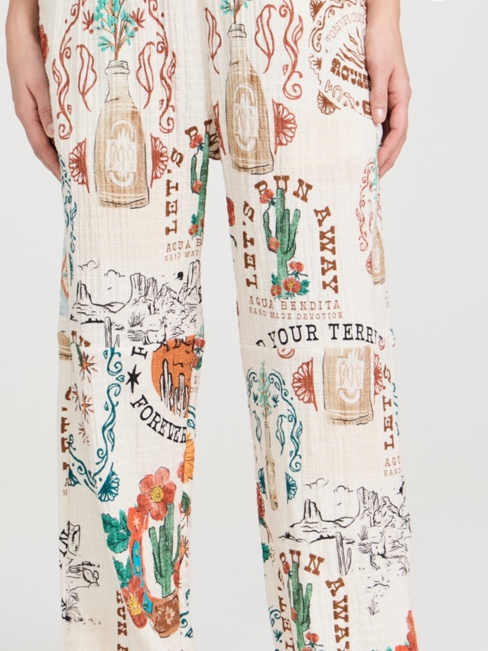 Agua Bendita Printed Wide-Leg Pants in Cream with Multicolor Western Motif